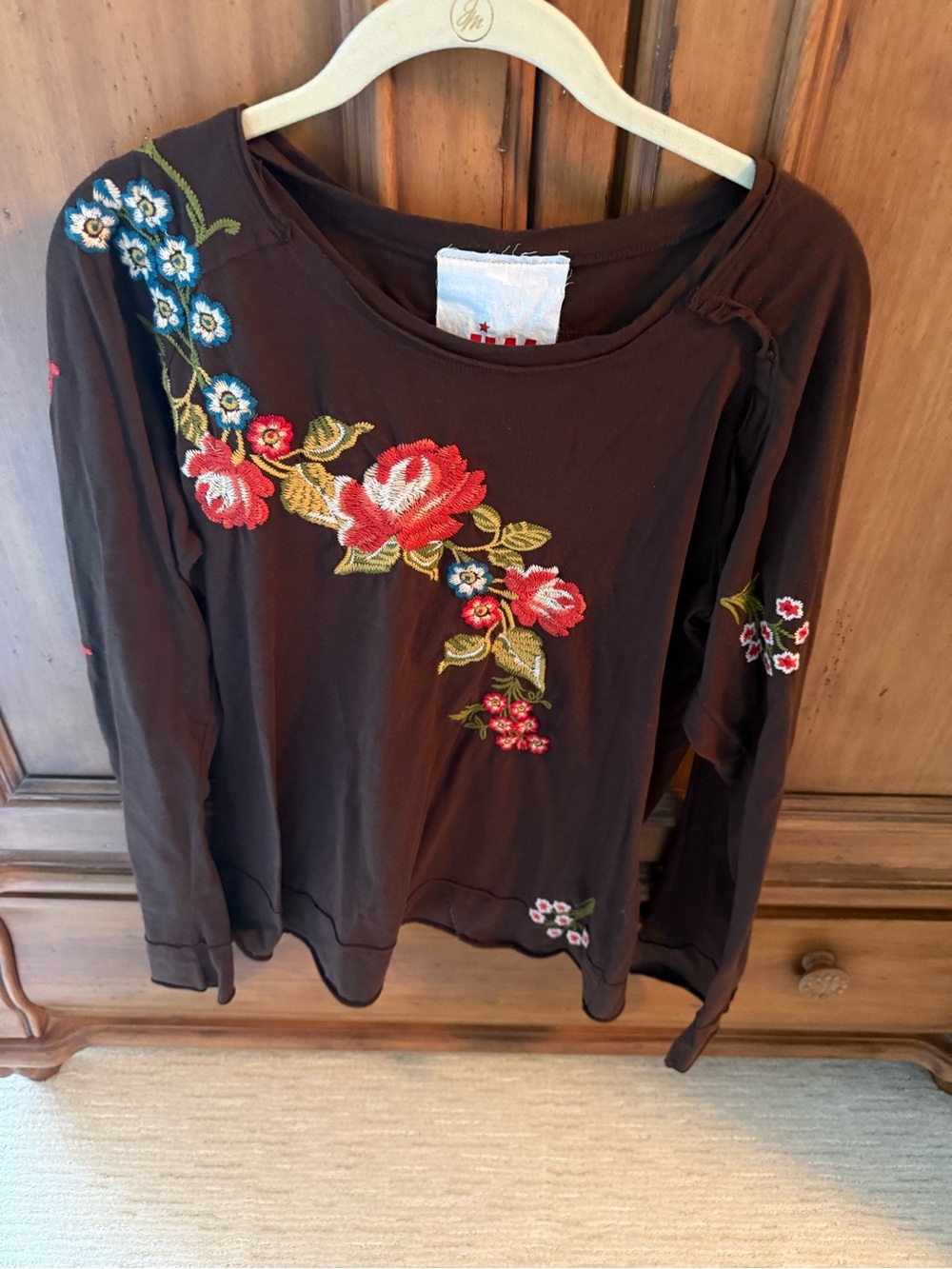 Johnny Was Brown Long Sleeve Tee with Red & Blue Floral Embroidery
